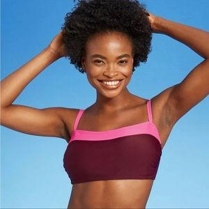Kona Sol Burgundy Pink Colorblock Square Neck Bandeau Bikini Swim Top